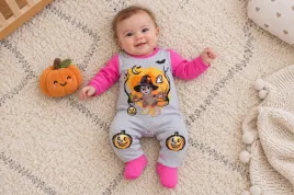 Belül bolyhos hosszú ujjú rugdalózó Halloween mintával