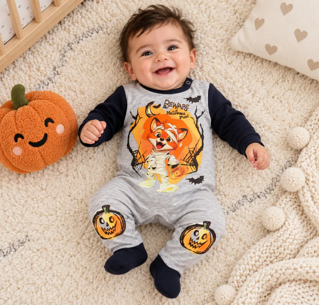 Belül bolyhos hosszú ujjú rugdalózó Halloween mintával