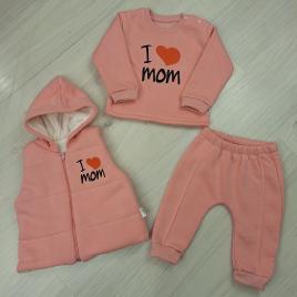 Minice 3 részes kislány szett I❤️Mom felirattal Babarózsaszín