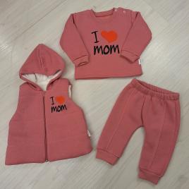Minice 3 részes kislány szett I❤️Mom felirattal Sötét rózsaszín