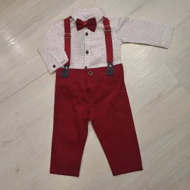 Baba alkalmi szett kisfiúknak Fehér-piros színben szívecskés-pöttyös bodyval