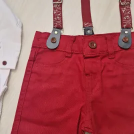 Baba alkalmi szett kisfiúknak Fehér-piros színben mintás nadrágtartóval