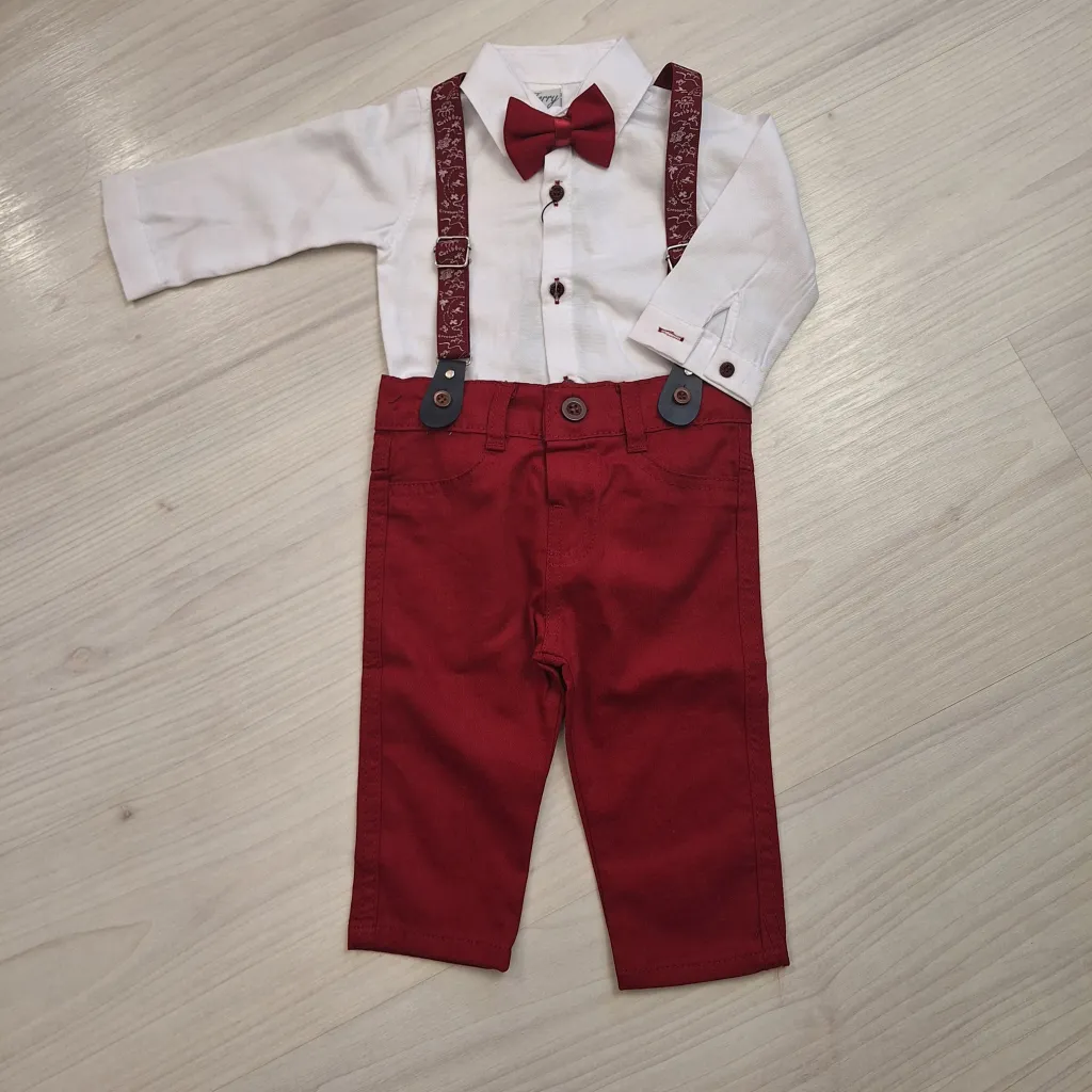 Baba alkalmi szett kisfiúknak Fehér-piros színben mintás nadrágtartóval