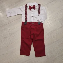 Baba alkalmi szett kisfiúknak Fehér-piros színben mintás nadrágtartóval
